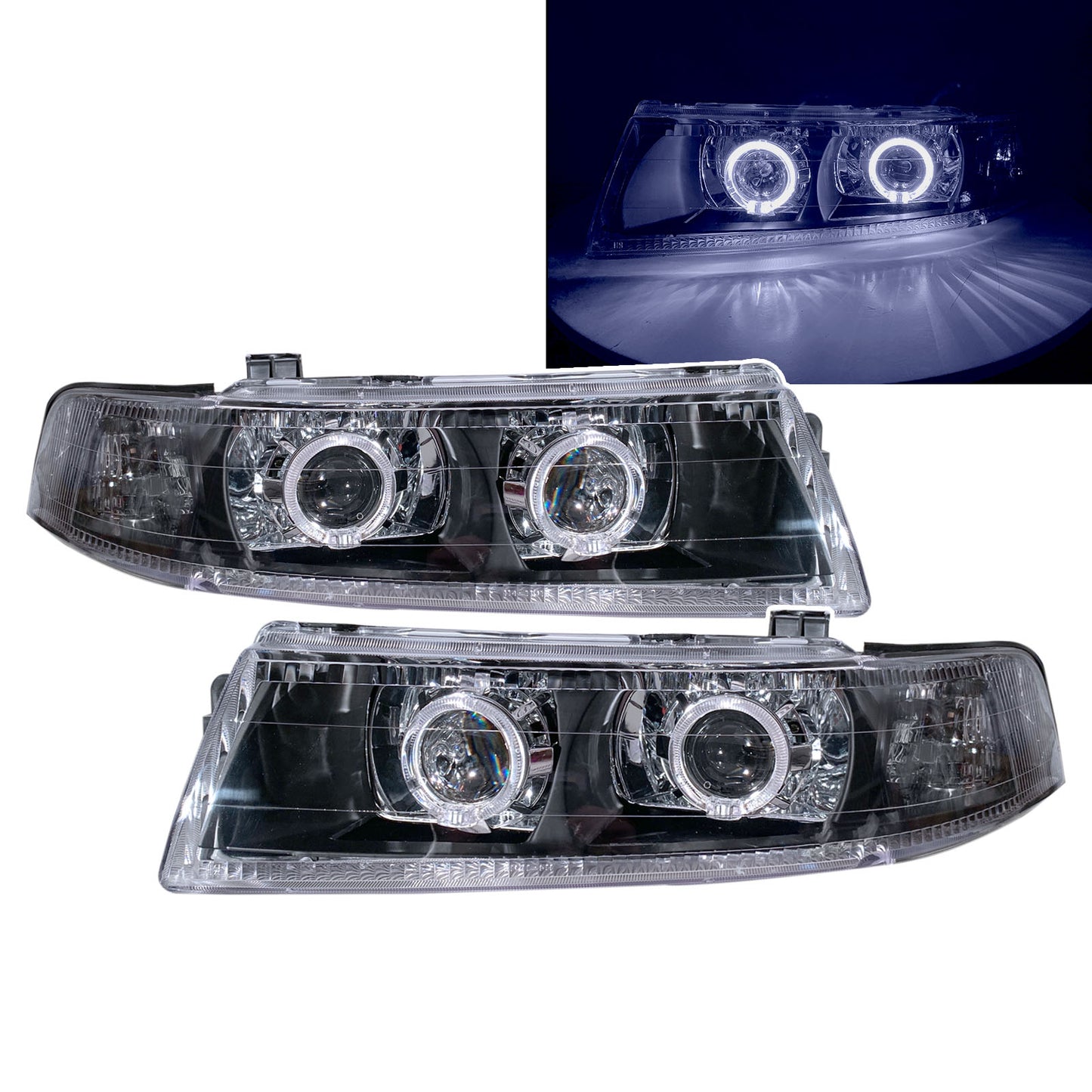 CrazyTheGod LANCER EVOLUTION EVO 6 รุ่นที่ 6 ซีดาน 4D Guide LED Angel-Eye Projector Headlights V2 สีดำ สำหรับ Mitsubishi RHD ปี 1998-2001