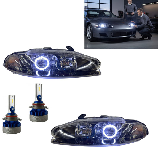 CrazyTheGod Eclipse 1997-1999 Guide LED Angel-Eye Projector Headlight Headlamp Black V1 for Mitsubishi LHD