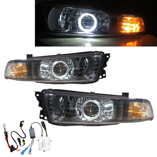 CrazyTheGod Galant รุ่นที่แปด 4D/5D Guide LED Angel-Eye Projector Headlights Black US สำหรับ Mitsubishi RHD ปี 1998-2005 Sedan/Hatchback