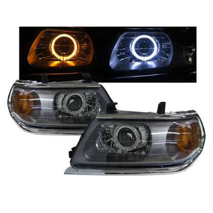 CrazyTheGod Montero Sport Thế hệ đầu tiên - 2000-2006 Wagon 5D Guide LED Angel-Eye Projector Headlight Đèn pha màu xám US cho Mitsubishi LHD