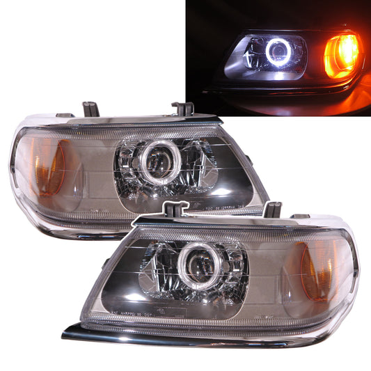 CrazyTheGod Montero Sport ไฟหน้า LED Angel-Eye สำหรับ SUV 5D Guide รุ่นแรก ปี 2000-2006 พร้อมมอเตอร์ โครเมียม US สำหรับ Mitsubishi LHD