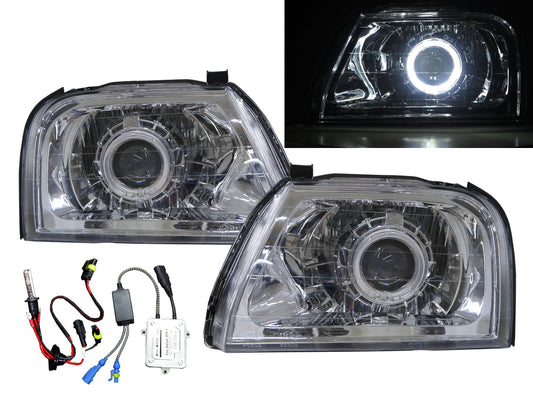 CrazyTheGod Storm ไฟหน้า LED Angel-Eye Projector HID สำหรับรถกระบะ/รถบรรทุก ปี 1996-2001 โครเมียม สำหรับ Mitsubishi RHD