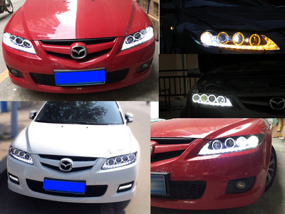 CrazyTheGod MAZDA 6 GG1 ไฟหน้า LED Angel-Eye Projector ISFLook สำหรับ MAZDA RHD รุ่นแรก ปี 2002-2008 Sedan/Hatchback/Wagon 4D/5D สีดำ