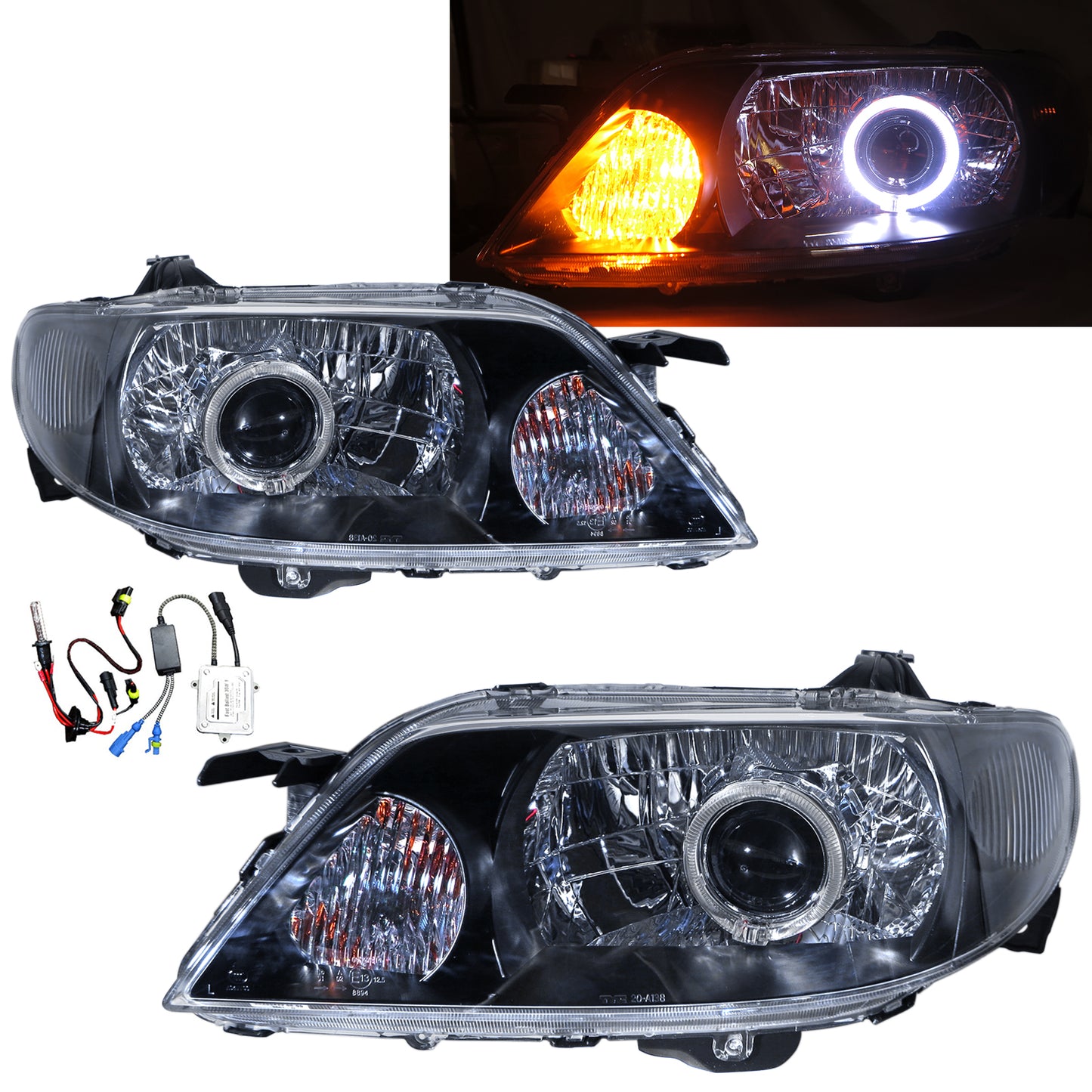 CrazyTheGod Astina BJ Ninth generation 2001-2003 Facelift Sedan/Hatchback/Wagon 4D/5D Guide LED Angel-Eye Projector HID Headlight Headlamp Black V2 for MAZDA RHD