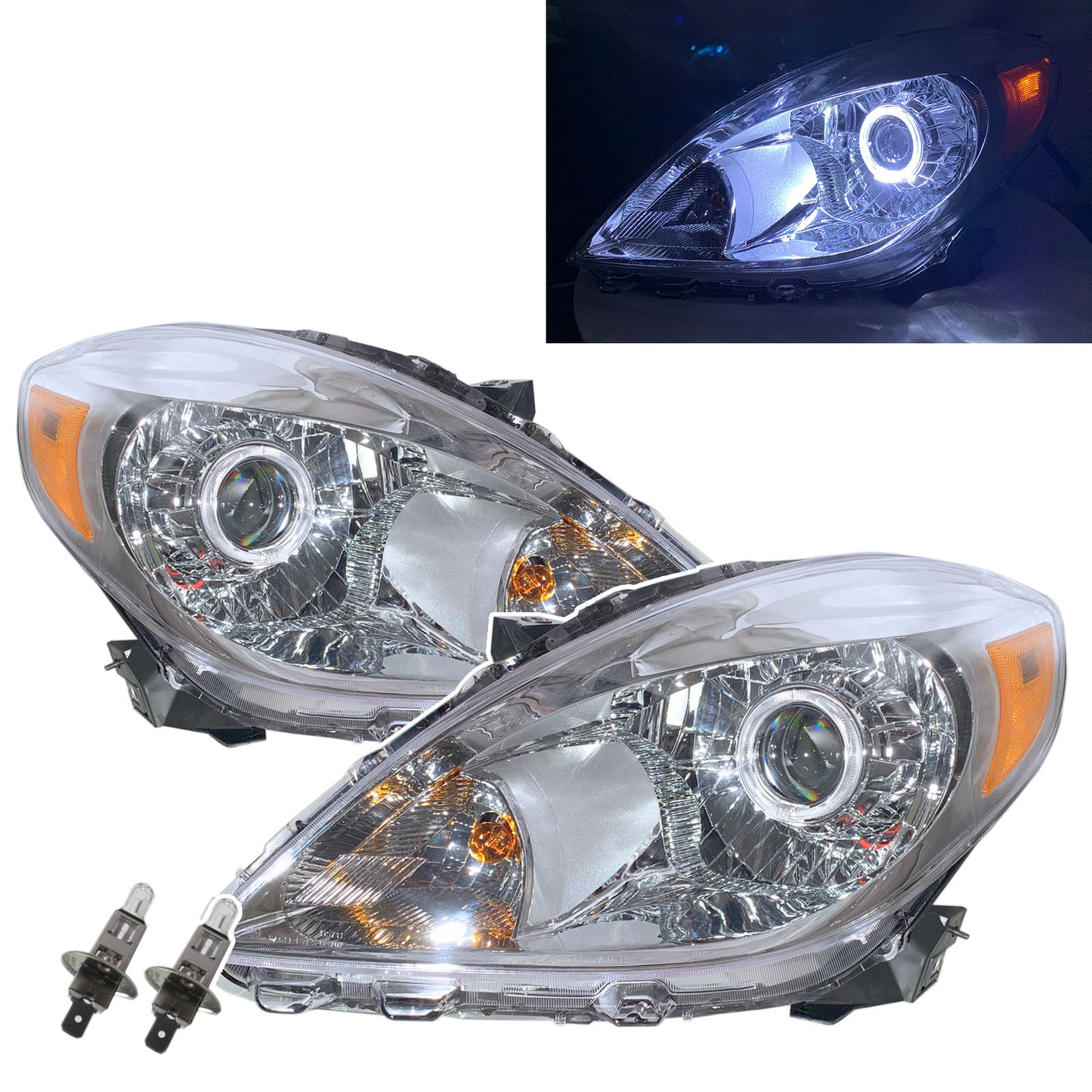 CrazyTheGod Almera N17 ไฟหน้าแบบโปรเจคเตอร์ LED Angel-Eye Sedan 4D Guide รุ่นแรก ปี 2011-2014 ฮาโลเจน โครเมียม V2 สำหรับ NISSAN LHD