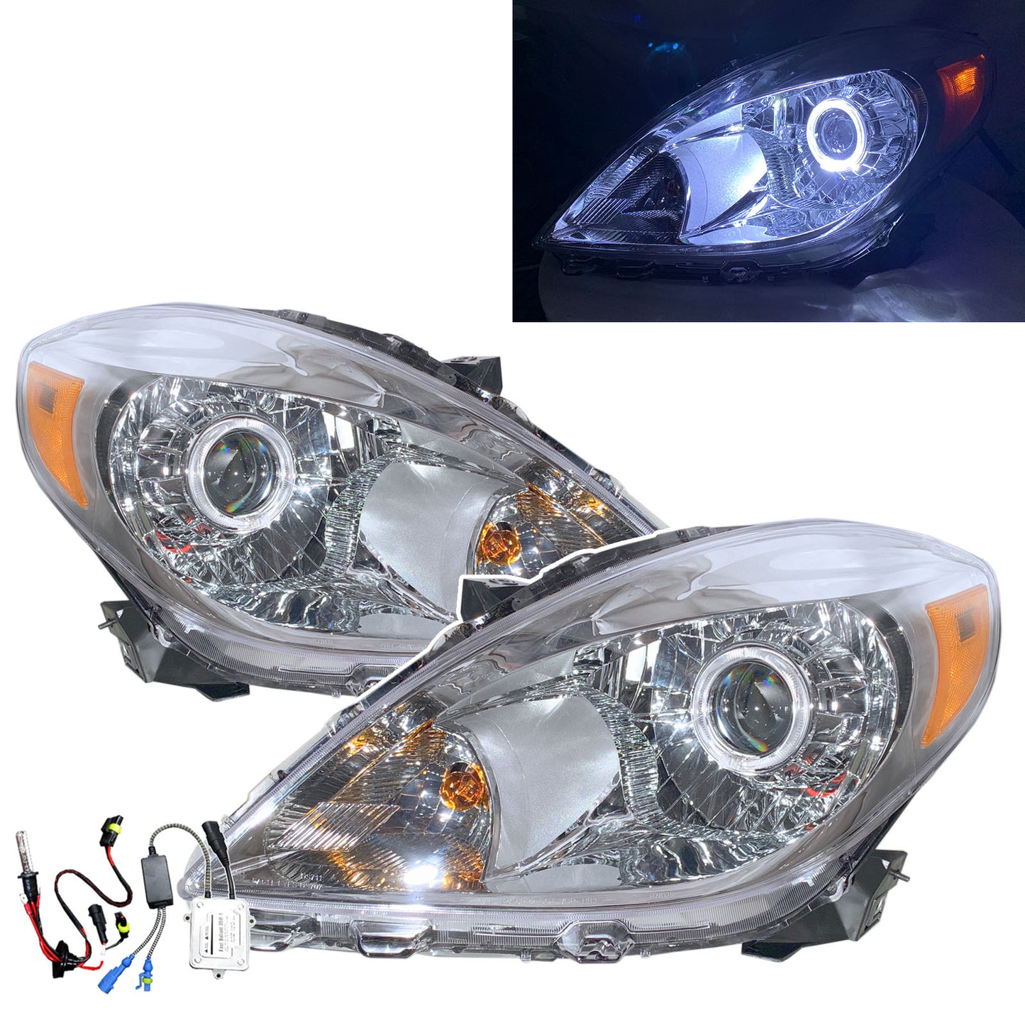 CrazyTheGod Almera N17 ไฟหน้า LED Angel-Eye Projector HID รุ่นแรกสำหรับรถเก๋ง 4 ประตูรุ่นปี 2011-2014 แบบ 4D Guide โครเมียม V2 สำหรับ NISSAN LHD