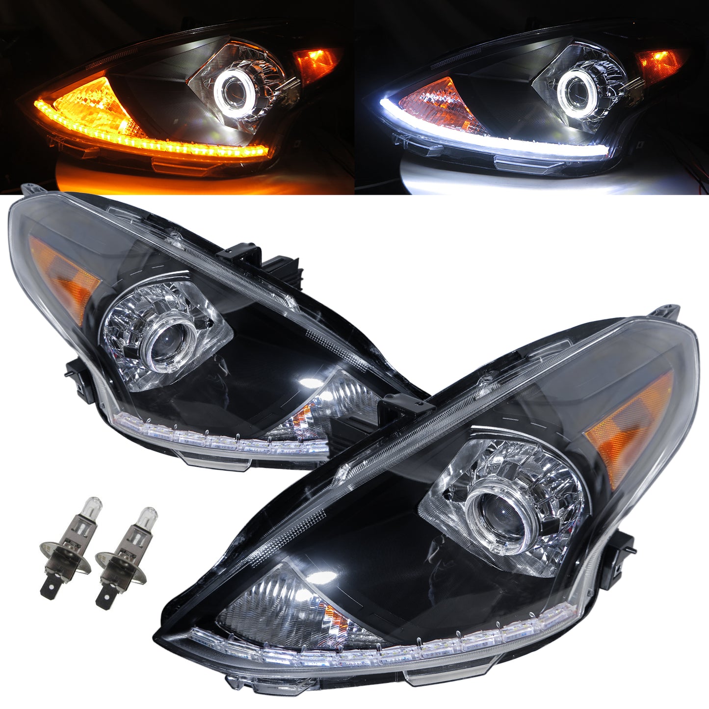 CrazyTheGod Almera N17 Third generation 2018-2019 Facelift Sedan 4D Guide LED Halo LED Bar Headlight Headlamp W/O Motor Black V2 for NISSAN RHD