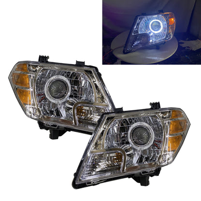 CrazyTheGod FRONTIER NAVARA D40 ไฟหน้าโปรเจคเตอร์ LED Angel-Eye รุ่นที่สอง ปี 2009-2017 SUV Facelift 5D Guide โครเมียม สำหรับ NISSAN LHD