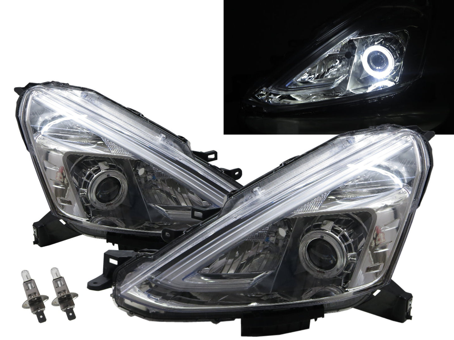 CrazyTheGod Grand Livina L11 ไฟหน้าโปรเจคเตอร์ LED Angel-Eye MPV 5D Guide เจเนอเรชั่นที่ 2 ปี 2013-ปัจจุบัน พร้อมมอเตอร์ สีโครเมียม สำหรับ NISSAN LHD