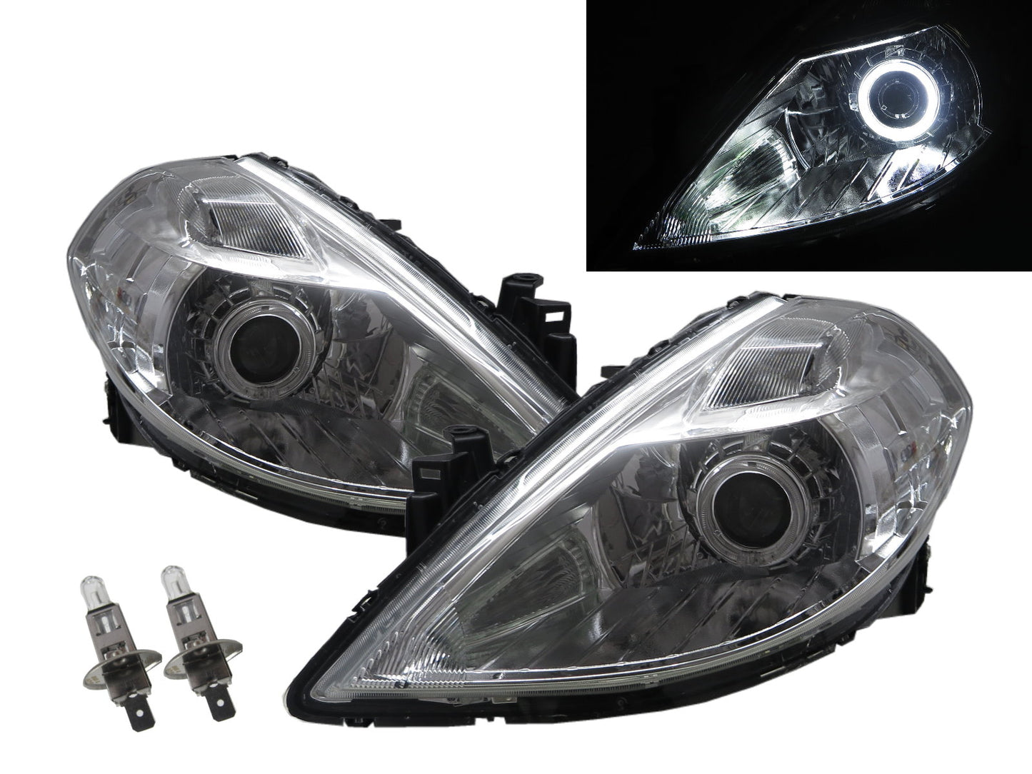 CrazyTheGod TIIDA C11 ไฟหน้า LED Angel-Eye Projector Sedan/Hatchback รุ่นปี 2008-2012 รุ่น Facelift 4D/5D Guide พร้อมมอเตอร์ สีโครเมียม สำหรับ NISSAN LHD