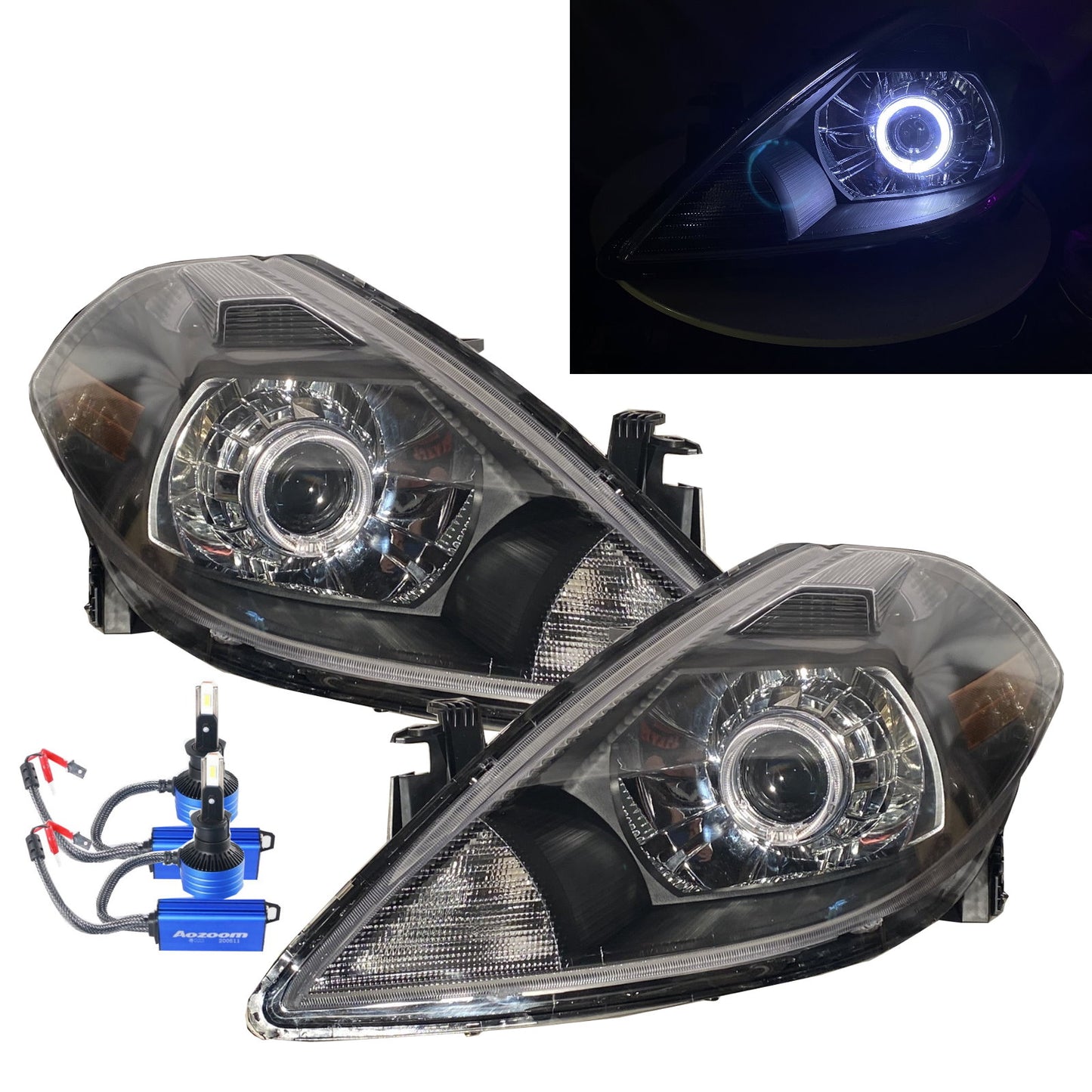 CrazyTheGod VERSA ไฟหน้า LED Angel-Eye Projector สำหรับรถรุ่น Sedan/Hatchback รุ่นปี 2006-2012 Pre-Facelift พร้อมมอเตอร์ สีดำ สำหรับรถ NISSAN LHD