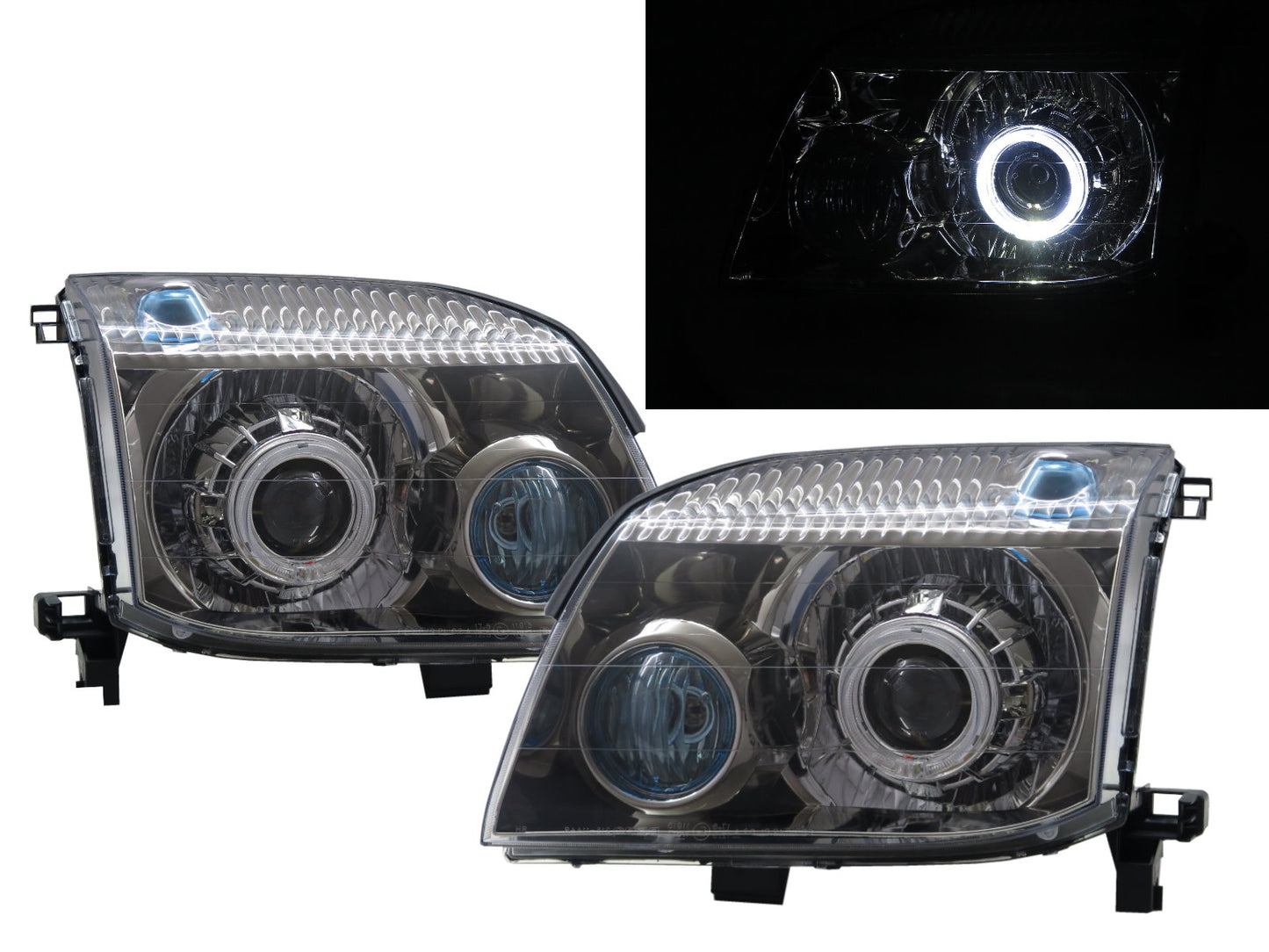 CrazyTheGod X-Trail T30 Thế hệ đầu tiên 2001-2007 SUV 5D Guide LED Angel-Eye Projector Headlight Đèn pha khói V2 cho NISSAN RHD