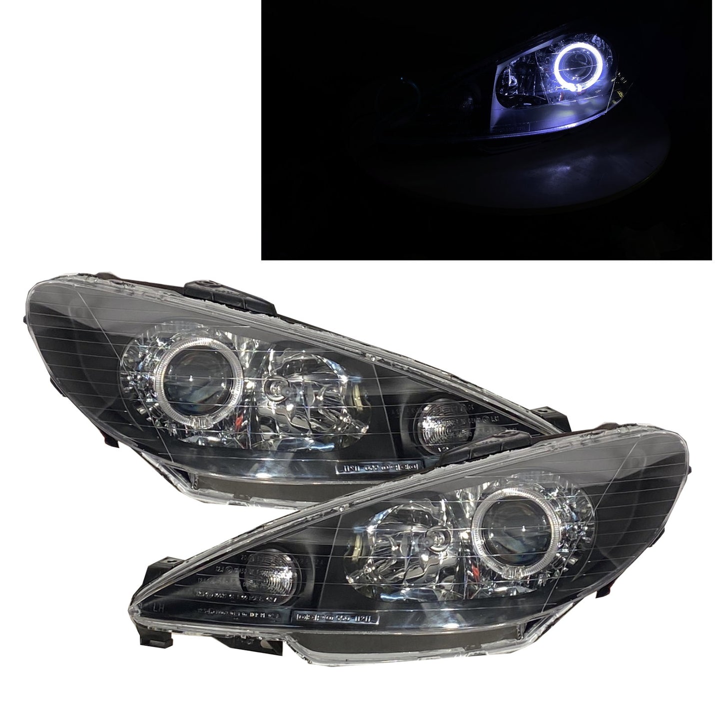 ไฟหน้าโปรเจคเตอร์ LED Angel-Eye Guide แบบ 2D/3D/4D/5D ของ CrazyTheGod 206/206 CC ปี 1998-2009 สำหรับรถคูเป้/เปิดประทุน/ซีดาน/แฮทช์แบ็ก สีดำ สำหรับ PEUGEOT LHD