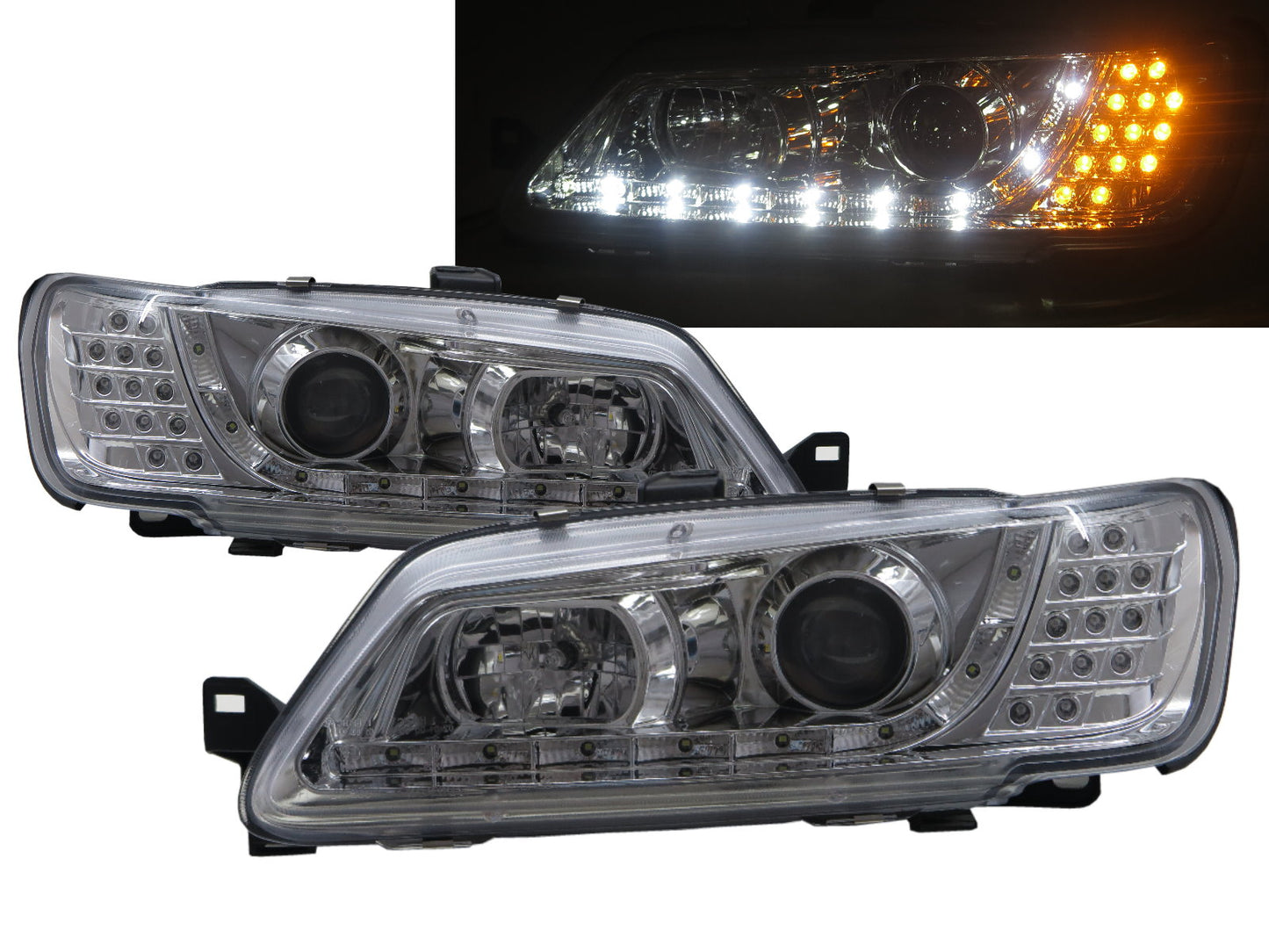 CrazyTheGod 306 thế hệ đầu tiên 1993-1997 Sedan/Wagon/Convertible 2D/4D/5D Projector LED R8Look Đèn pha mạ crôm cho PEUGEOT RHD