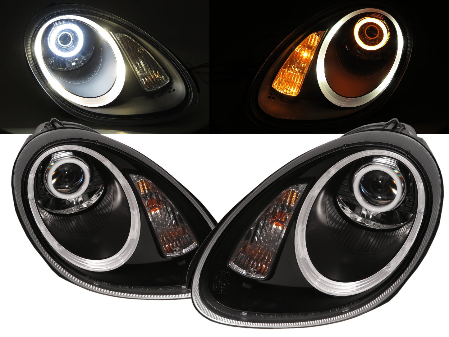 CrazyTheGod BOXSTER 987 ไฟหน้าแบบ 2D LED Cotton Angel-Eye สำหรับ PORSCHE RHD รุ่นปี 2005-2008 รุ่นก่อน FACELIFT Roadster สีดำ