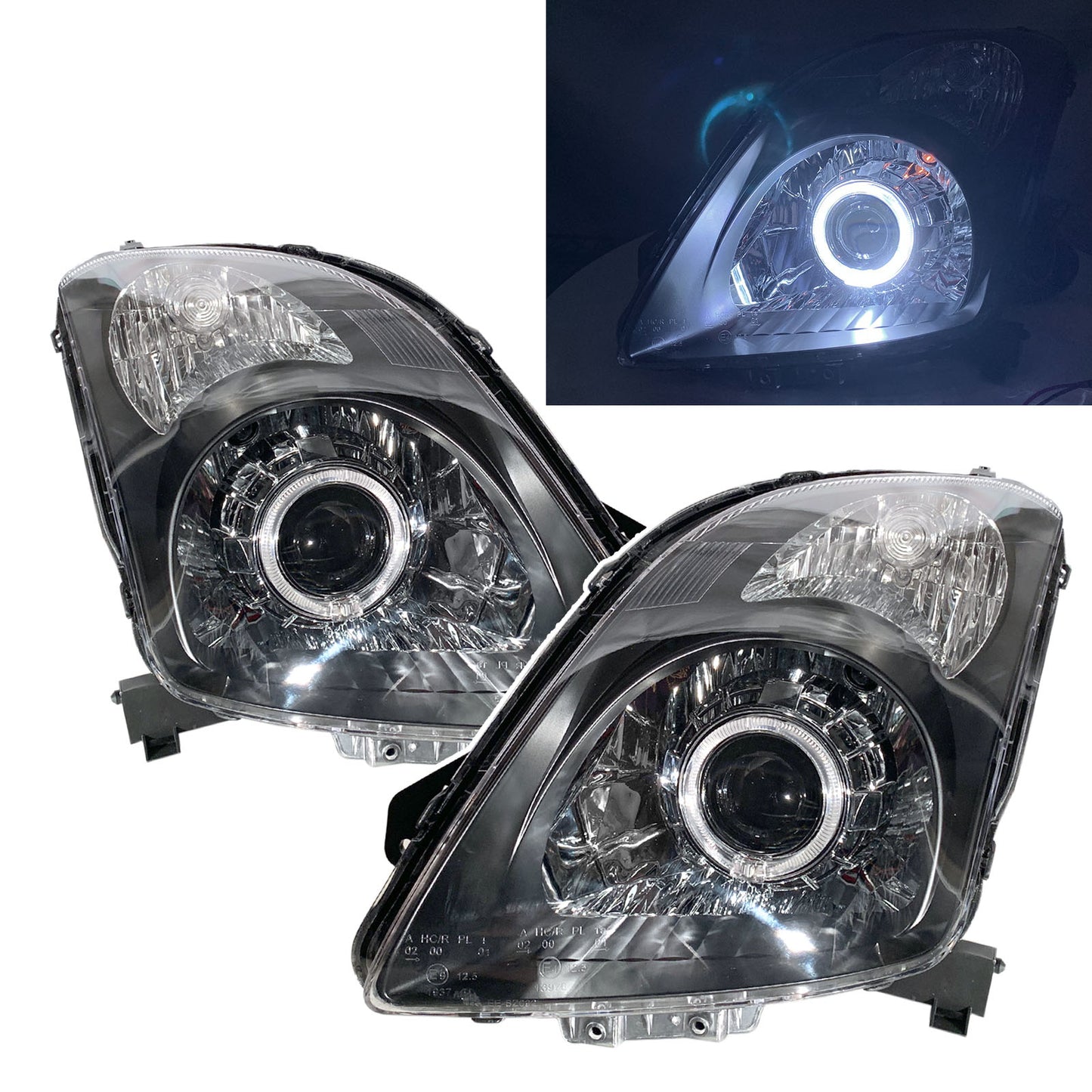 ไฟหน้าโปรเจคเตอร์ LED Angel-Eye แบบ 3D/5D Guide ของ CrazyTheGod Swift ZA11S/ZC71S/ZC11S/ZD11S/ZC21S/ZD21S/ZC31S รุ่นที่ 2 สำหรับ SUZUKI LHD สีดำ รุ่นปี 2004-2010