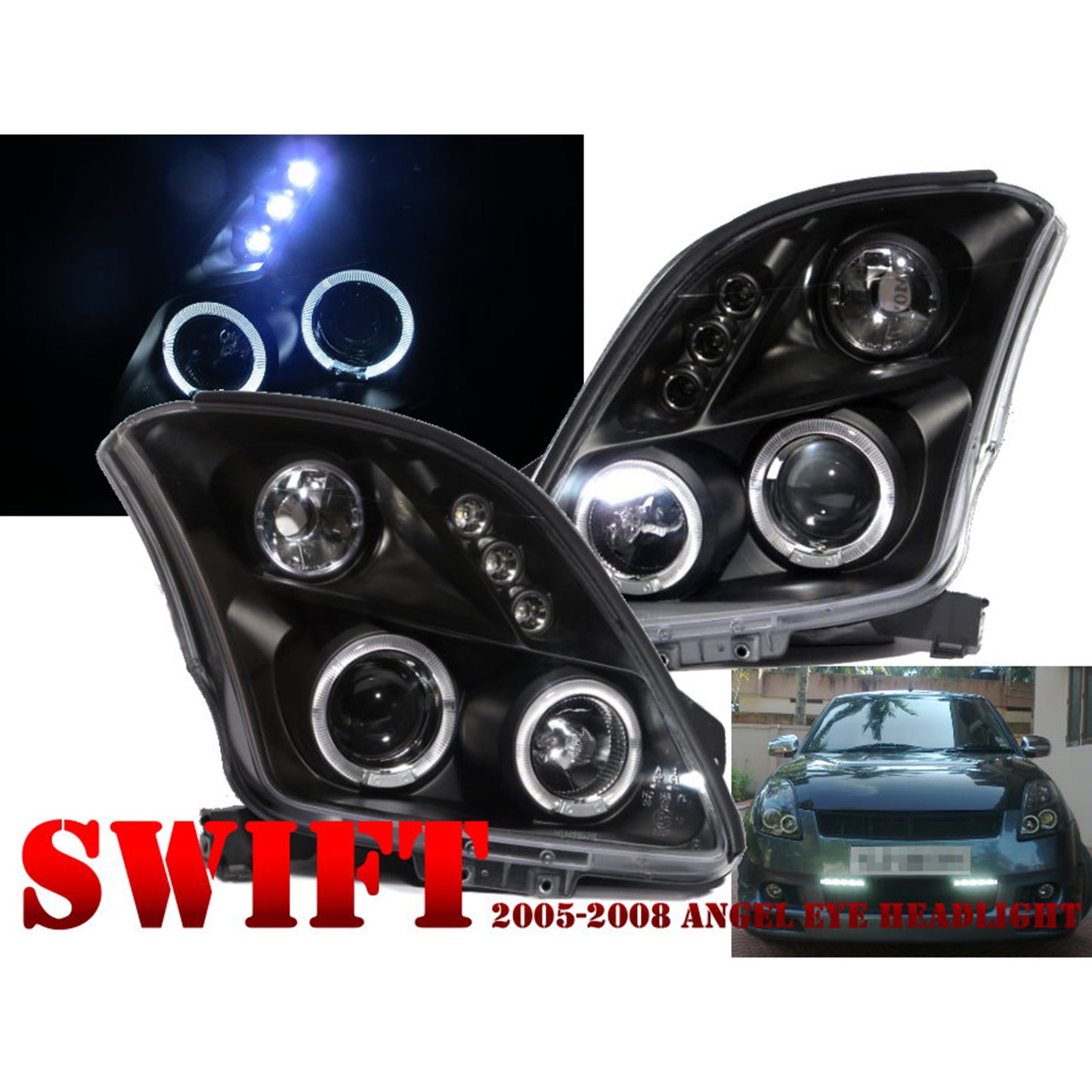 ไฟหน้าโปรเจคเตอร์ Angel-Eye 3D/5D รุ่นที่สองสำหรับ SUZUKI LHD รุ่น Swift ZA11S/ZC71S/ZC11S/ZD11S/ZC21S/ZD21S/ZC31S สำหรับรถแฮทช์แบ็กรุ่นปี 2004-2010 สีดำ แบบ Hatchback รุ่นปี 2004-2010