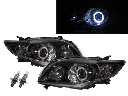 CrazyTheGod Corolla E140/E150 Tenth generation 2007-2010 PRE-FACELIFT Sedan 4D Guide LED Angel-Eye Projector Headlight Headlamp W/ Motor Black for TOYOTA LHD