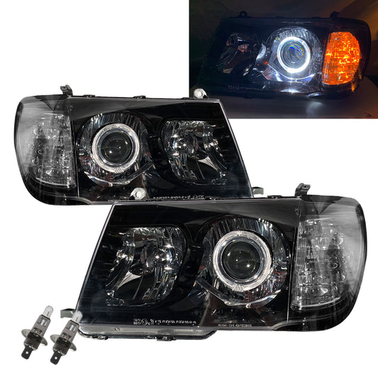 CrazyTheGod LAND CRUISER FJ100 1998-2005 Pre-Facelift Wagon 5D Guide LED Angel-Eye Projector Halogen Headlight Headlamp Black for TOYOTA LHD