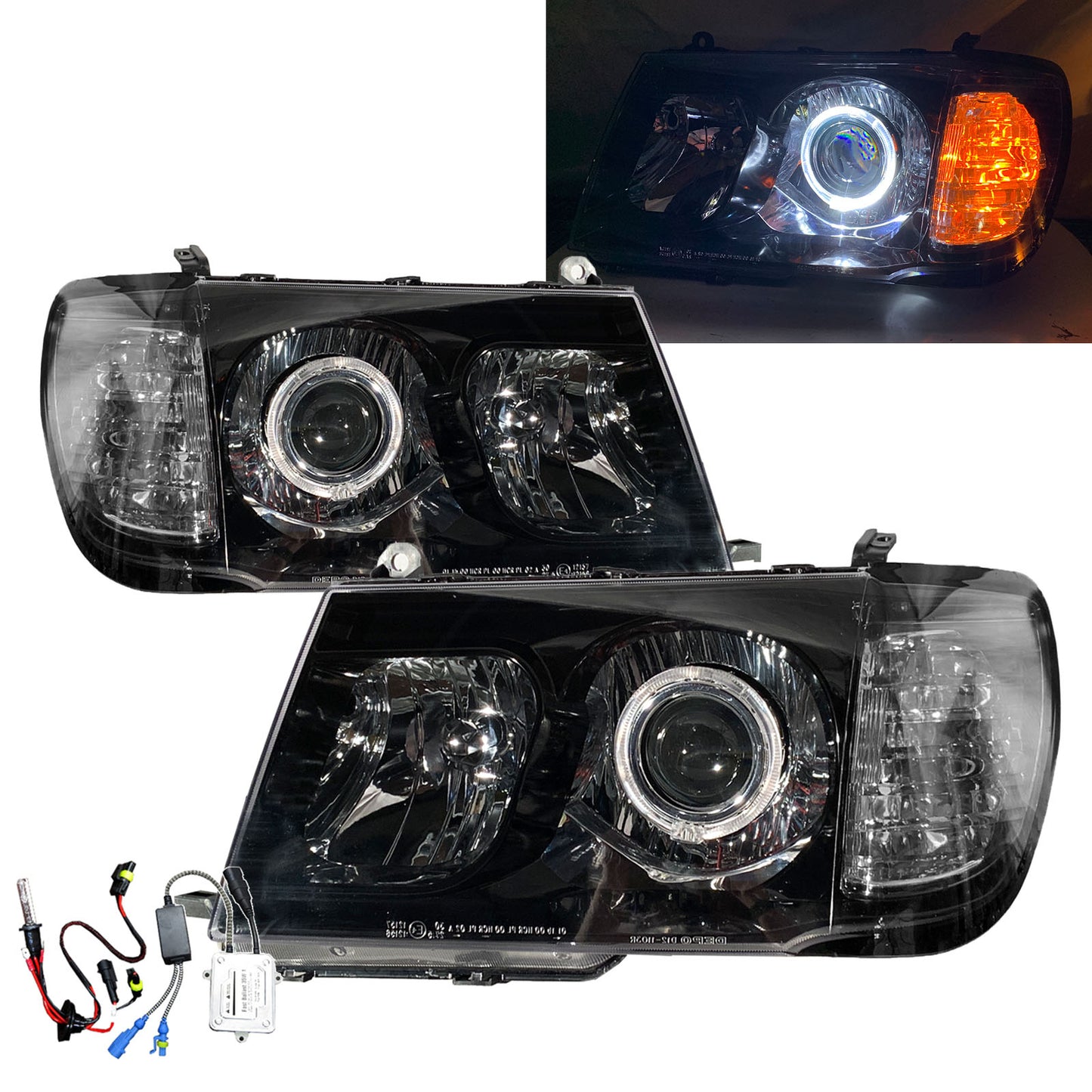 CrazyTheGod LAND CRUISER FJ100 1998-2005 Pre-Facelift Wagon 5D Guide LED Angel-Eye Projector ไฟหน้า HID สีดำสำหรับ TOYOTA LHD