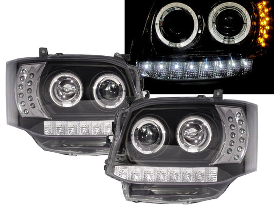 CrazyTheGod HIACE H200 2010-2014 ไฟหน้าโปรเจคเตอร์ Angel-Eye LED DRL R8Look สีดำสำหรับ TOYOTA LHD