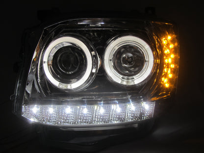 CrazyTheGod HIACE H200 2010-2014 ไฟหน้าโปรเจคเตอร์ Angel-Eye LED DRL R8Look สีดำสำหรับ TOYOTA LHD