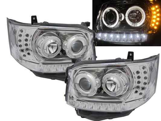 CrazyTheGod HIACE H200 2010-2014 ไฟหน้าโปรเจคเตอร์ Angel-Eye LED DRL R8Look โครเมียม สำหรับ TOYOTA LHD