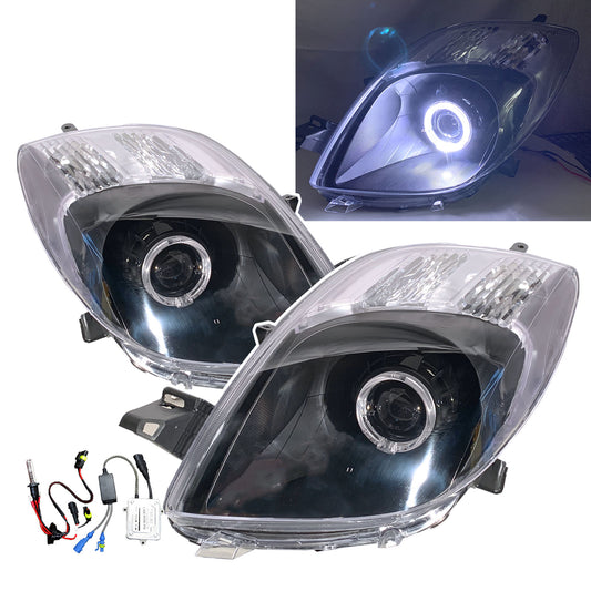 CrazyTheGod Yaris XP90 Second generation 2005-2008 Hatchback 3D/5D Guide LED Angel-Eye Projector HID Headlight Headlamp Black V2 for TOYOTA RHD