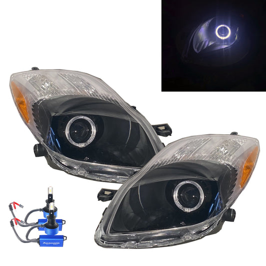 CrazyTheGod Yaris XP90 ไฟหน้าแบบ Hatchback Facelift รุ่นที่ 2 ปี 2008-2011 3D/5D Guide LED Angel-Eye Projector Headlights Black US สำหรับ TOYOTA LHD