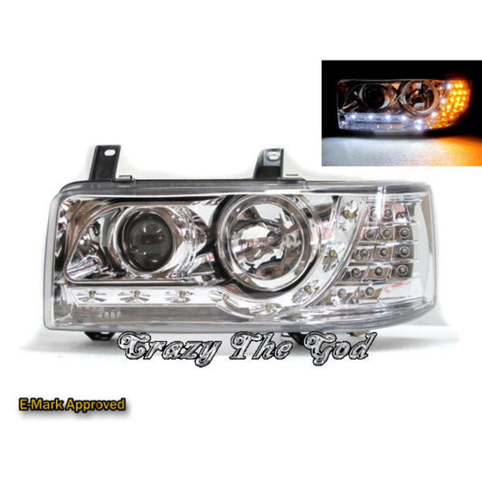 CrazyTheGod Caravelle T4 1990-2003 Pre-Facelift VAN/Pickup 2D/3D/4D/5D/6D Projector LED R8Look Headlight Headlamp Chrome V1 for VW Volkswagen RHD