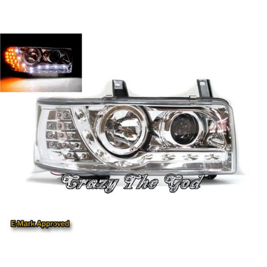 CrazyTheGod Caravelle T4 1990-2003 Pre-Facelift VAN/Pickup 2D/3D/4D/5D/6D Projector LED R8Look Headlight Headlamp Chrome V1 for VW Volkswagen LHD