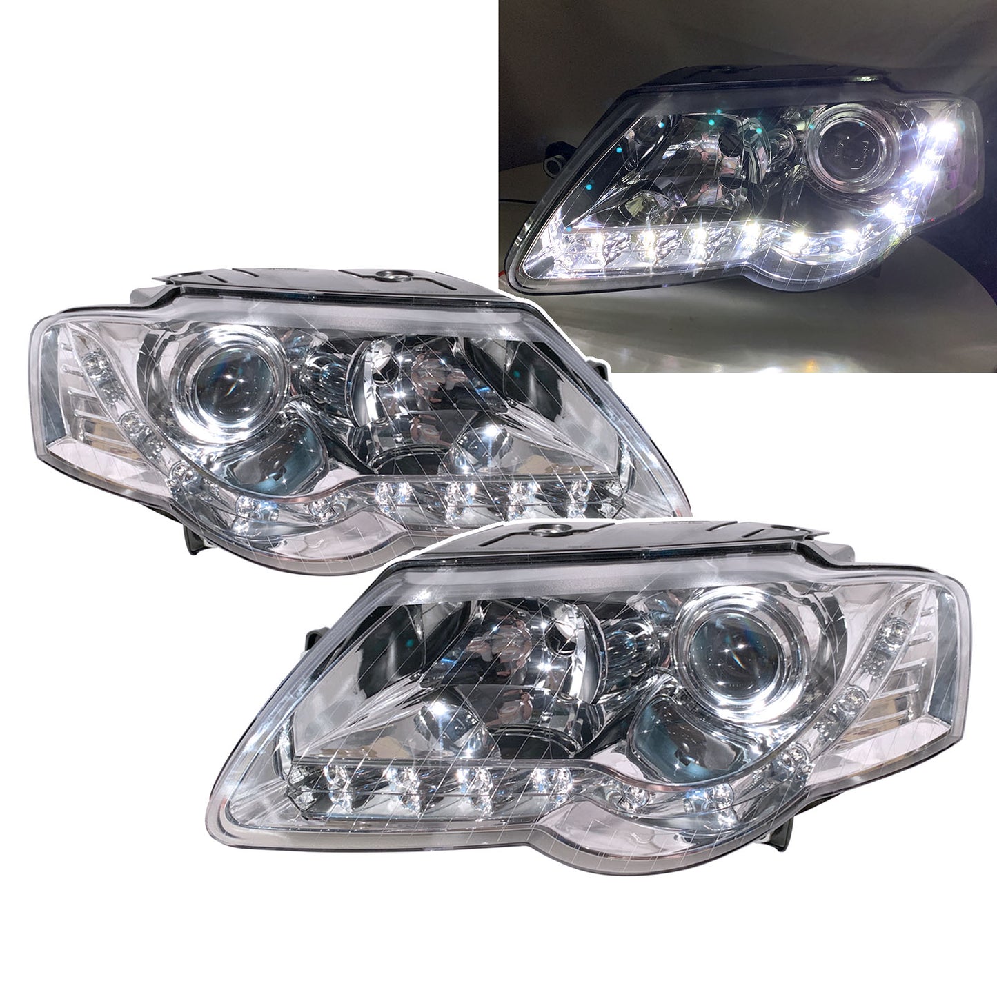 CrazyTheGod Passat B6 2005-2010 Sedan/Wagon 4D/5D Projector LED R8Look Headlight Headlamp Chrome for VW Volkswagen LHD