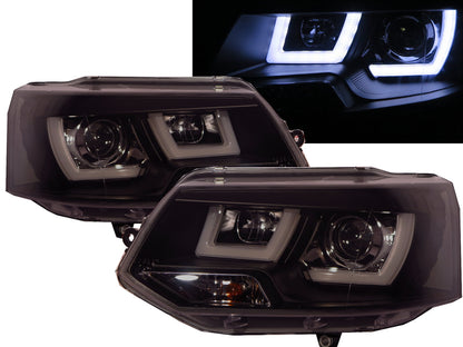 CrazyTheGod Transporter T5 2011-2015 ไฟหน้าโปรเจคเตอร์ LED แบบแถบ 3D พร้อมมอเตอร์ สีดำ สำหรับ VW VOLKSWAGEN LHD