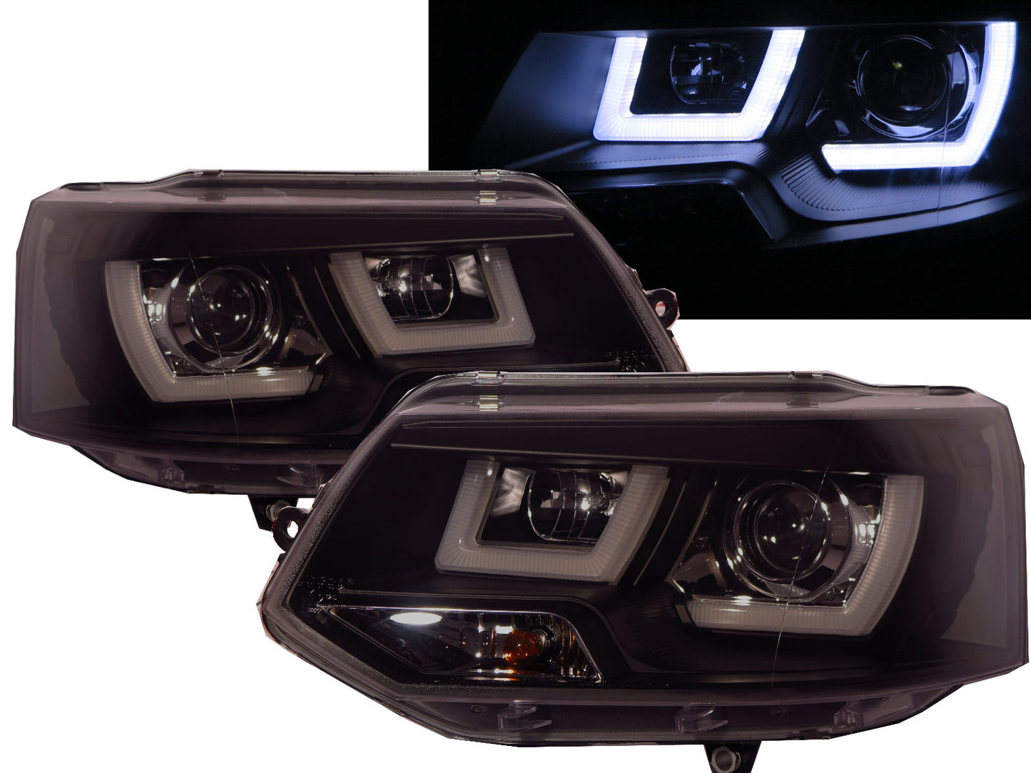 CrazyTheGod Transporter T5 2011-2015 ไฟหน้าโปรเจคเตอร์ LED แบบแถบ 3D พร้อมมอเตอร์ สีดำ สำหรับ VW VOLKSWAGEN RHD