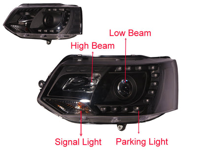 CrazyTheGod TRANSPORTER Transporter T5 ไฟหน้าแบบ SUV ทรง 5D LED C Stripe Bar รุ่นปี 2011-2015 พร้อมมอเตอร์ สีดำ สำหรับ VW Volkswagen RHD