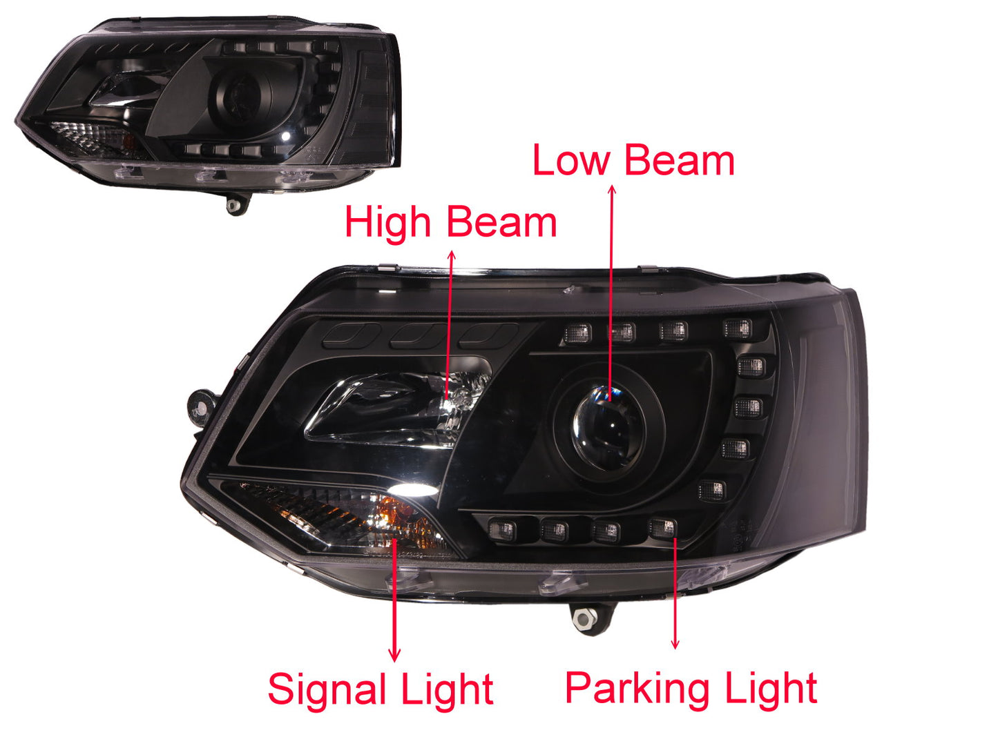 CrazyTheGod TRANSPORTER Transporter T5 ไฟหน้าแบบ SUV ทรง 5D LED C Stripe Bar รุ่นปี 2011-2015 พร้อมมอเตอร์ สีดำ สำหรับ VW Volkswagen LHD