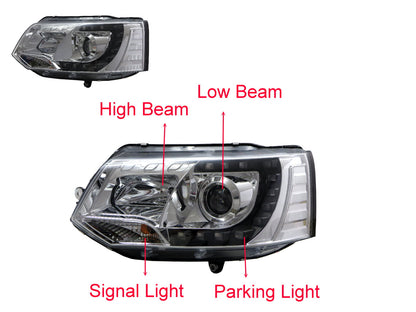 CrazyTheGod TRANSPORTER Transporter T5 ไฟหน้าแบบ SUV ทรง 5D LED C Stripe Bar รุ่นปี 2011-2015 พร้อมมอเตอร์โครเมียมสำหรับ VW Volkswagen RHD