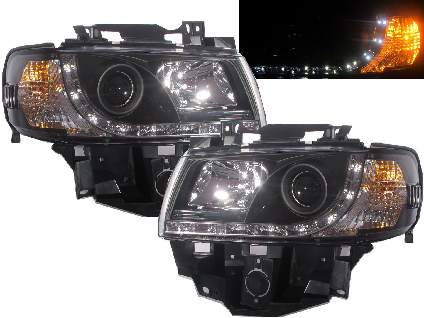 CrazyTheGod Transporter T4 1996-2003 FACELIFT VAN 2D/3D/4D/5D/6D ไฟหน้าโปรเจคเตอร์ LED R8Look สีดำสำหรับ VW Volkswagen LHD