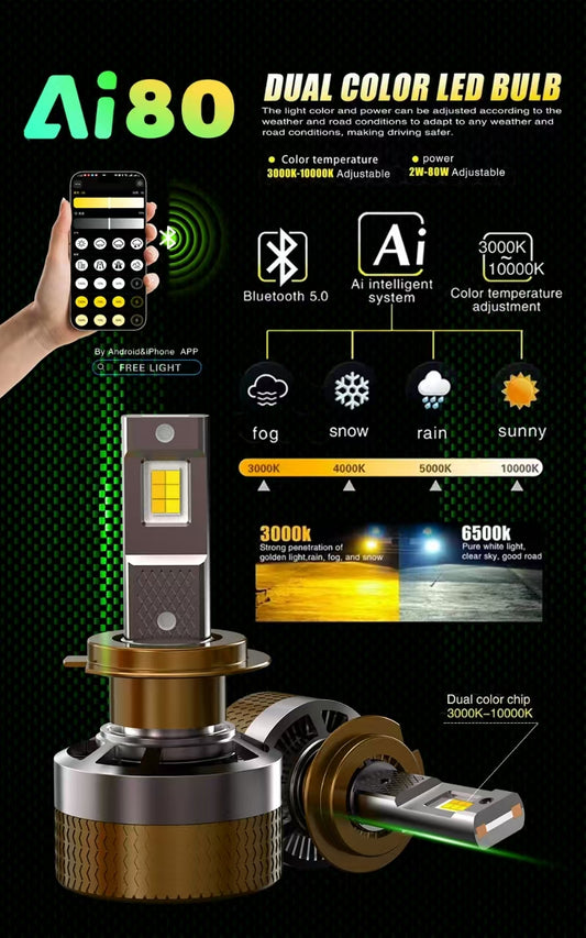 Ai80 All-Weather LED Headlight Bulb | Dual Color Switchable, APP Bluetooth Control