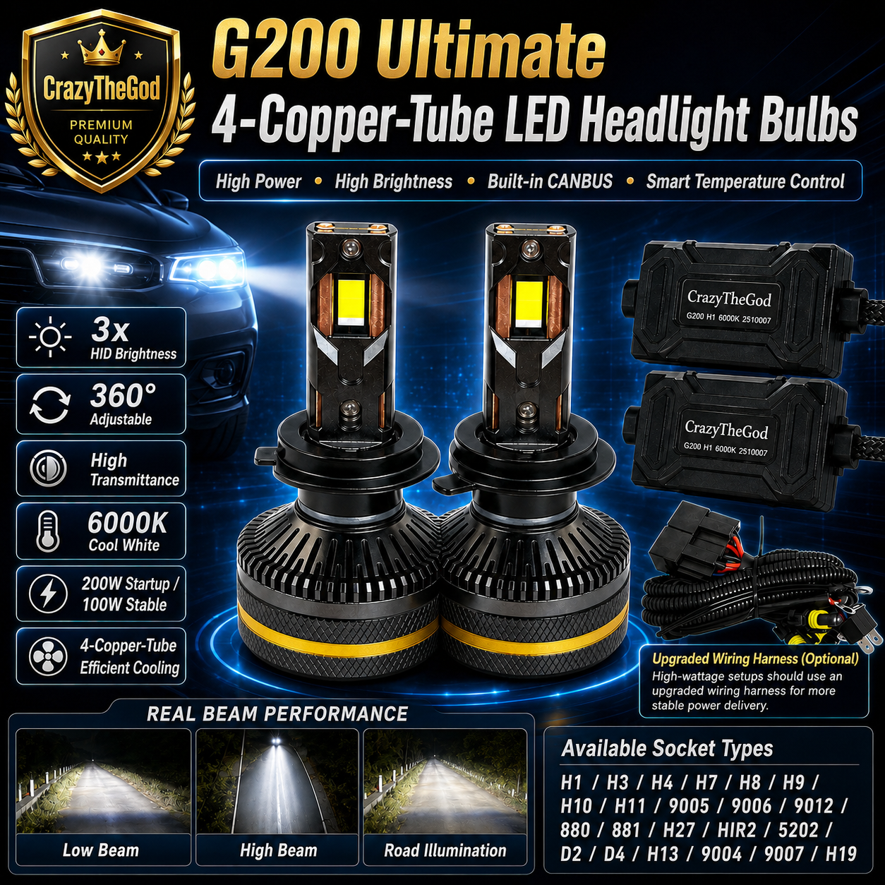 PAIR G200 Ulitimate LED BULB 6000K H1 H7 H8 H9 H11 9005 9006 9004 9007 9012 D2R D2S D4R D4S