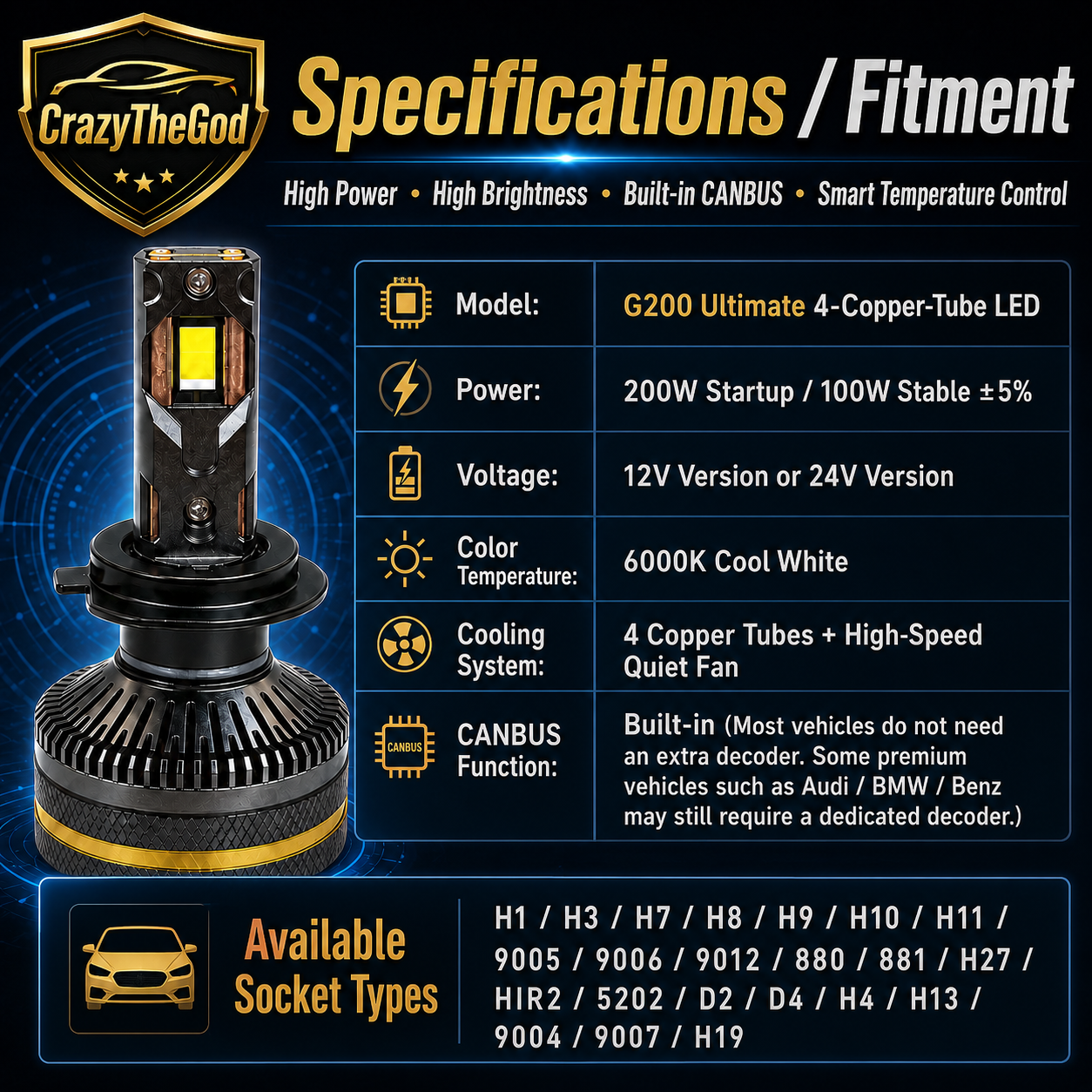 PAIR G200 Ulitimate LED BULB 6000K H1 H7 H8 H9 H11 9005 9006 9004 9007 9012 D2R D2S D4R D4S