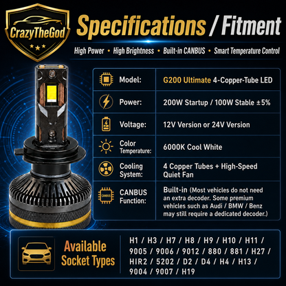 PAIR G200 Ulitimate LED BULB 6000K H1 H7 H8 H9 H11 9005 9006 9004 9007 9012 D2R D2S D4R D4S
