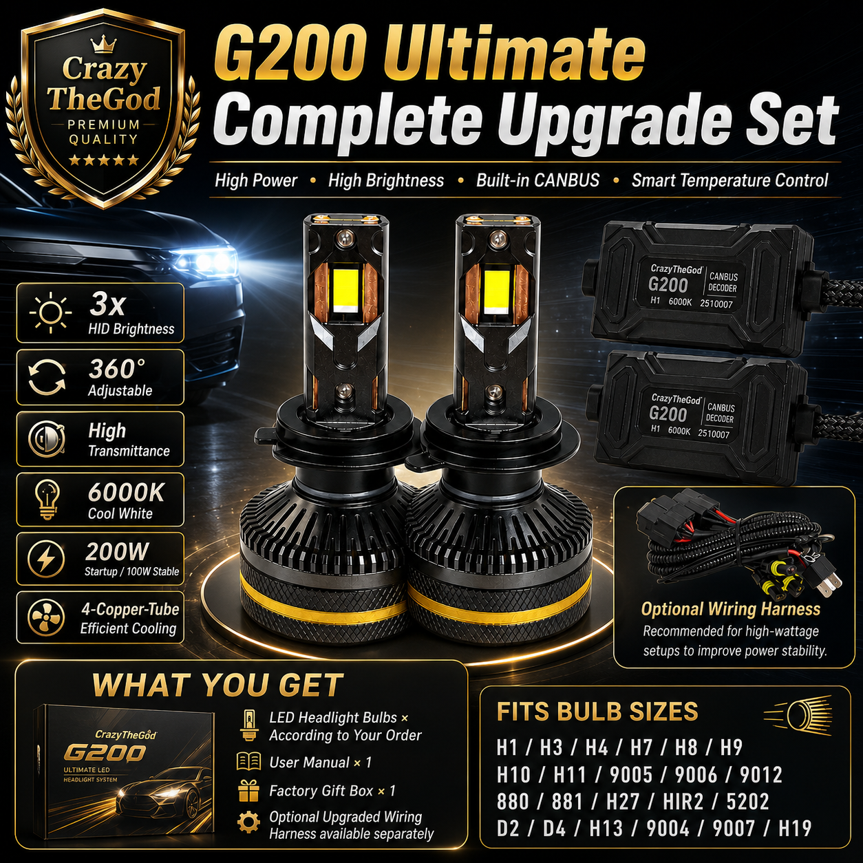 PAIR G200 Ulitimate LED BULB 6000K H1 H7 H8 H9 H11 9005 9006 9004 9007 9012 D2R D2S D4R D4S