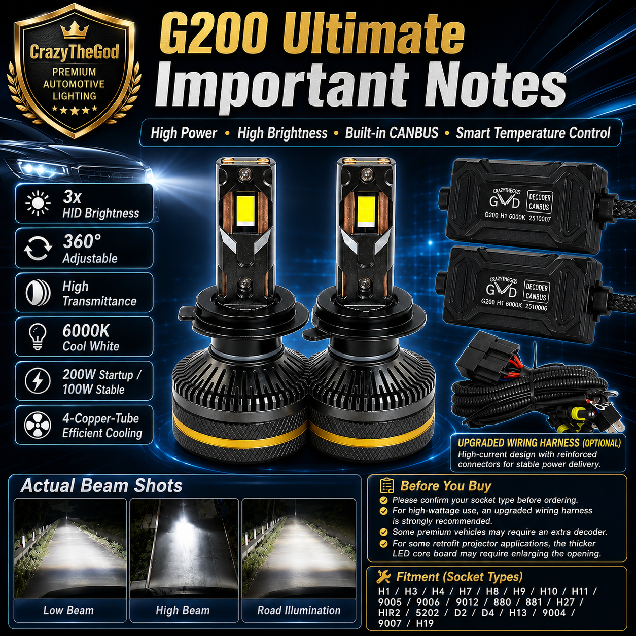 PAIR G200 Ulitimate LED BULB 6000K H1 H7 H8 H9 H11 9005 9006 9004 9007 9012 D2R D2S D4R D4S
